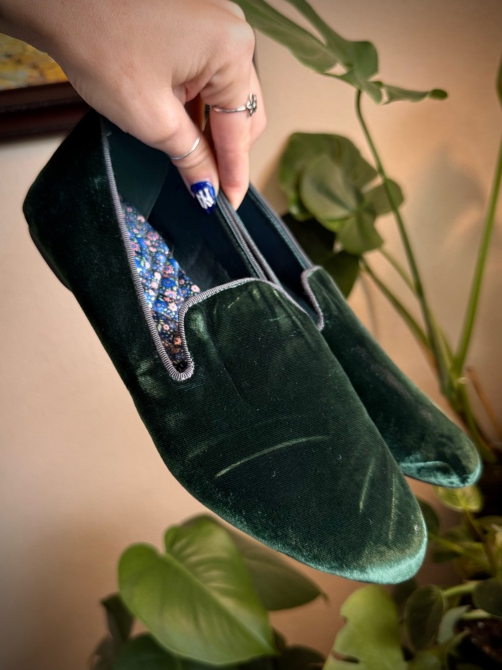 Birdies The Starling Dark Green Velour Velvet Flats Shoes 7.5